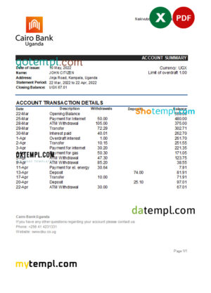 editable template, Uganda Cairo bank statement, Excel and PDF template