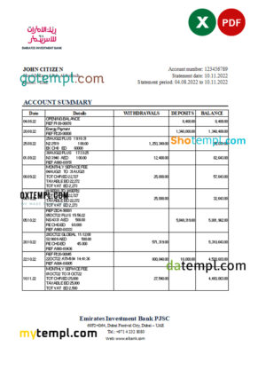 editable template, UAE Emirates Investment Bank statement, Excel and PDF template