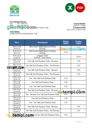 editable template, UAE MCB bank statement, Excel and PDF template