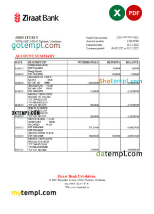 editable template, Uzbekistan Ziraat Bank statement, Excel and PDF format