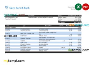 editable template, Vanuatu Alpen Baruch bank statement, Excel and PDF template