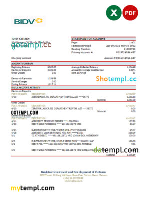 editable template, Vietnam BIDV bank statement, Excel and PDF template