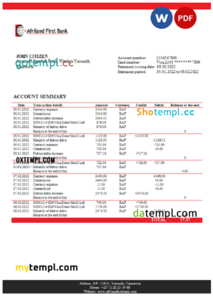 editable template, Cameroon Afriland First bank statement Word and PDF template