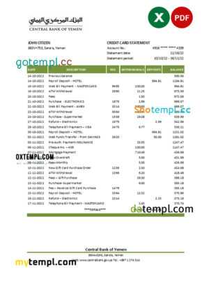 editable template, Yemen Central Bank of Yemen bank statement, Excel and PDF template