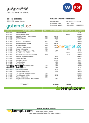 editable template, Yemen Central Bank of Yemen bank statement Word and PDF template