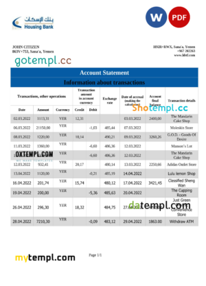 editable template, Yemen Housing Bank statement Word and PDF template