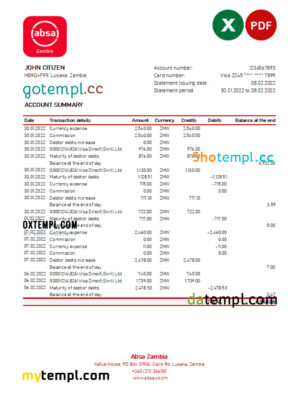 editable template, Zambia Absa bank statement, Excel and PDF template