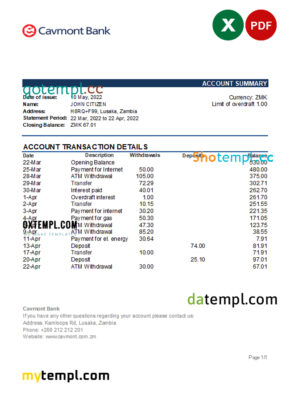 editable template, Zambia Cavmont bank statement, Excel and PDF template