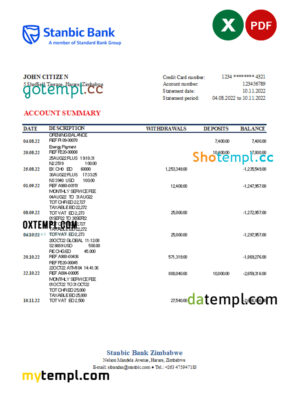 editable template, Zimbabwe Stanbic bank statement, Excel and PDF template