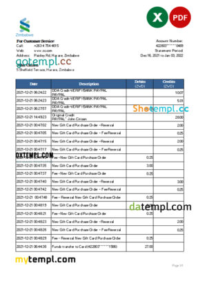 editable template, Zimbabwe Standard Chartered bank statement, Excel and PDF template