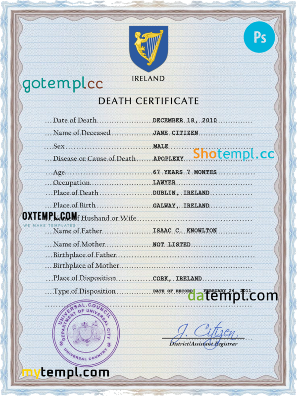 editable template, # arms vision vital record death certificate universal PSD template