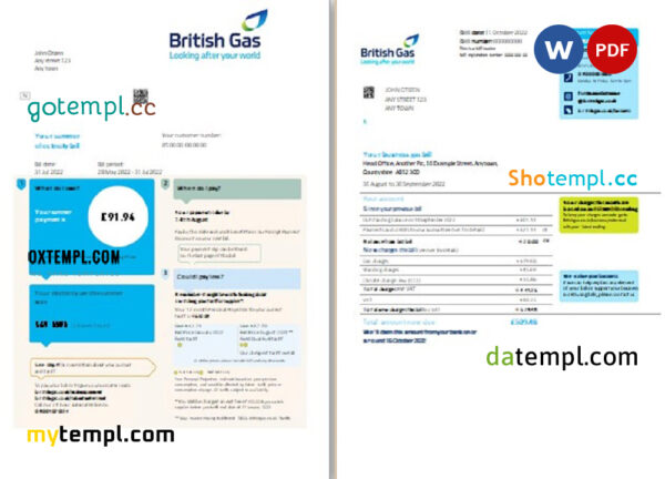 editable template, United Kingdom British Gas bill, Word and PDF template, 2 pages