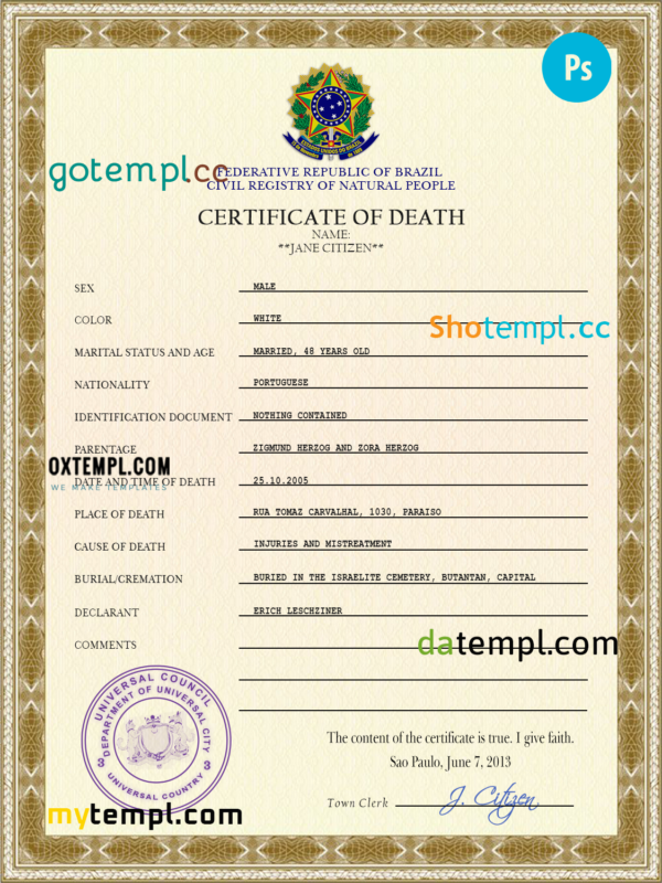 editable template, # coat super vital record death certificate universal PSD template
