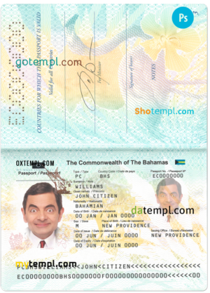 plantilla editable, Bahamas pasaporte plantilla PSD, totalmente editable
