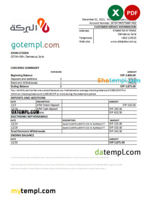 editable template, Syria Al Baraka bank statement, Excel and PDF template