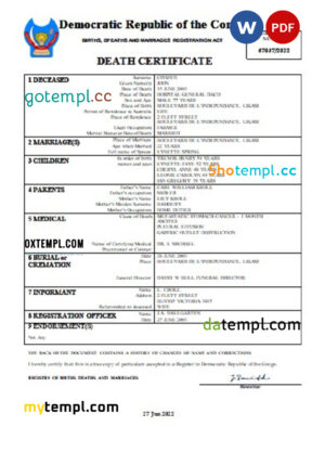 editable template, Democratic Republic of the Congo vital record death certificate Word and PDF template
