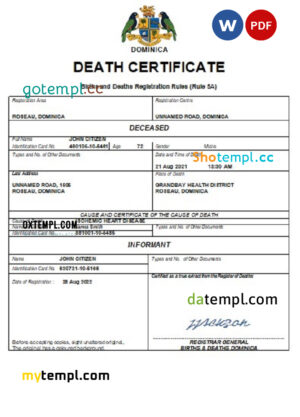 editable template, Dominica vital record death certificate Word and PDF template