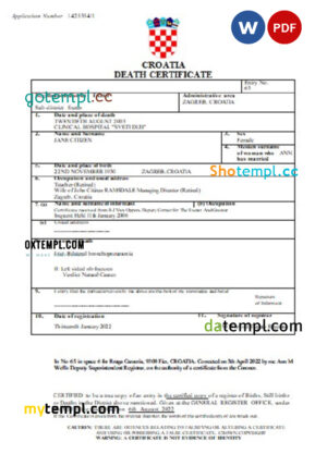 editable template, Croatia vital record death certificate Word and PDF template
