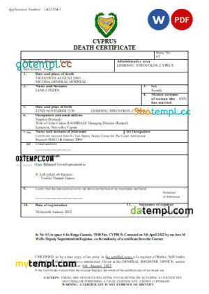 editable template, Cyprus vital record death certificate Word and PDF template