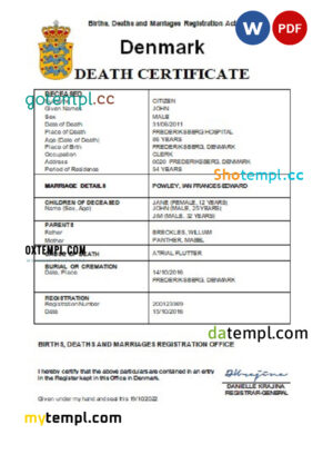 editable template, Denmark vital record death certificate Word and PDF template