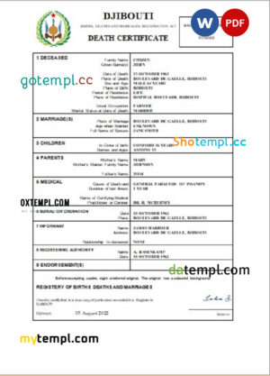 editable template, Djibouti death certificate Word and PDF template, completely editable