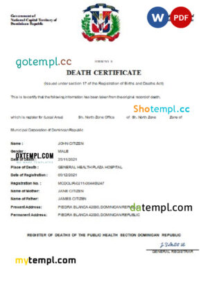 editable template, Dominican Republic death certificate Word and PDF template, completely editable