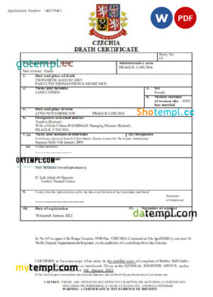 editable template, Czechia death certificate Word and PDF template, completely editable