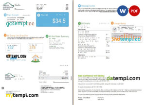 editable template, USA Vermont Green Mountain Power utility bill, Word and PDF template, 2 pages