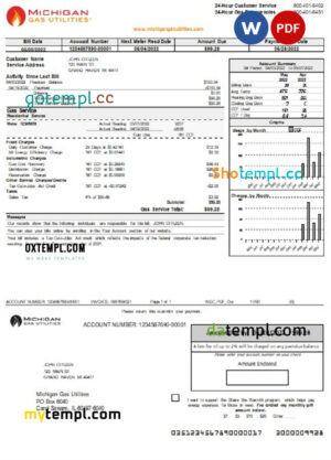 editable template, USA Michigan gas Utilities utility bill template in Word and PDF format