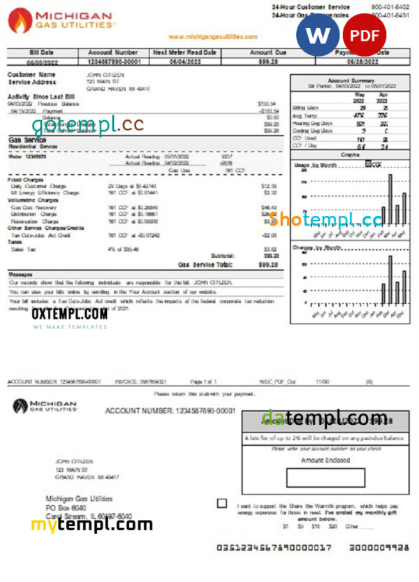 editable template, USA Michigan gas Utilities utility bill template in Word and PDF format