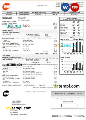 editable template, USA Wisconsin We Energies electricity utility bill template in Word and PDF format