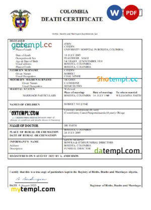 editable template, Colombia death certificate Word and PDF template, completely editable