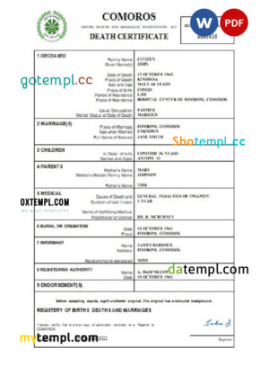 editable template, Comoros vital record death certificate Word and PDF template