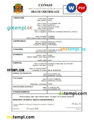 editable template, Congo death certificate Word and PDF template, completely editable