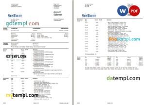 editable template, USA SunTrust bank statement, Word and PDF template, 2 pages