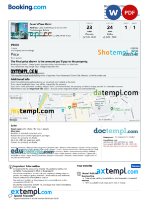 editable template, Bolivia hotel booking confirmation Word and PDF template, 2 pages