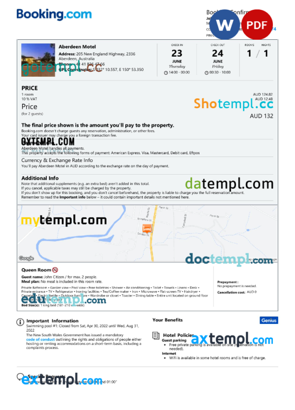 editable template, Australia hotel booking confirmation Word and PDF template, 2 pages