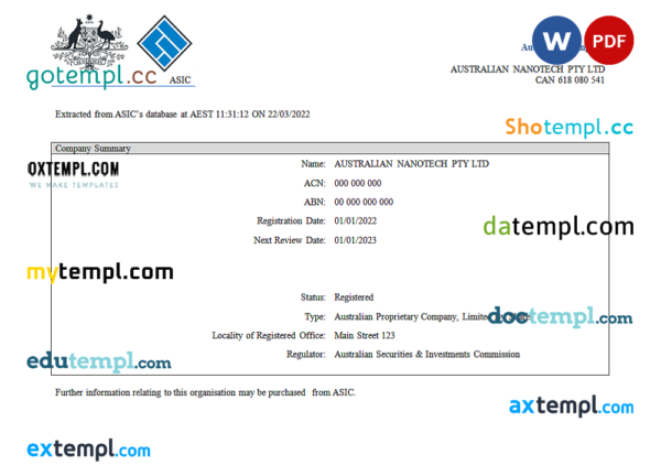 editable template, Australian Securities and Investments Commission's (ASIC) Certificate of Company Registration 2
