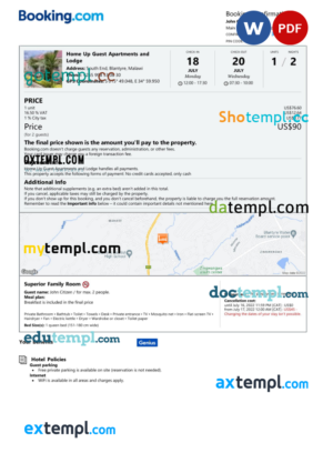 editable template, Malawi hotel booking confirmation Word and PDF template, 2 pages
