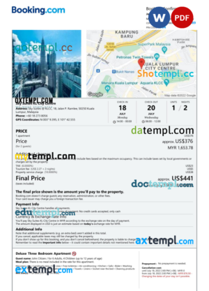 editable template, Malaysia hotel booking confirmation Word and PDF template, 2 pages