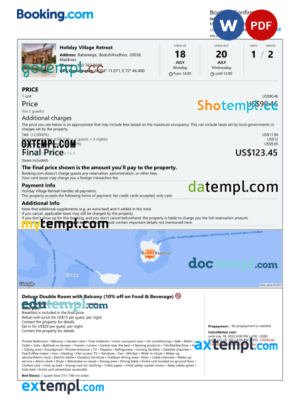 editable template, Maldives hotel booking confirmation Word and PDF template, 2 pages