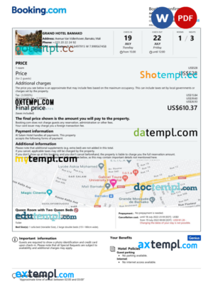 editable template, Mali hotel booking confirmation Word and PDF template, 2 pages
