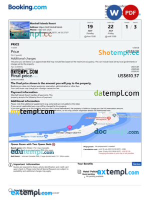 editable template, Marshall Islands hotel booking confirmation Word and PDF template, 2 pages