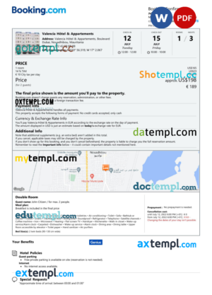 editable template, Mauritania hotel booking confirmation Word and PDF template, 2 pages