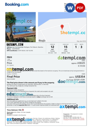 editable template, Mauritius hotel booking confirmation Word and PDF template, 2 pages