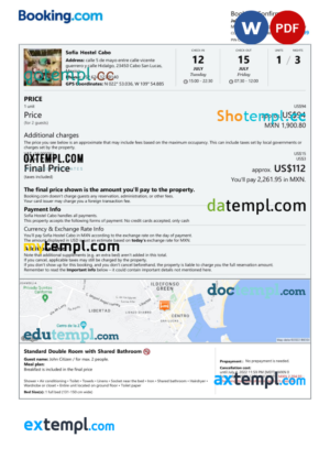 editable template, Mexico hotel booking confirmation Word and PDF template, 2 pages
