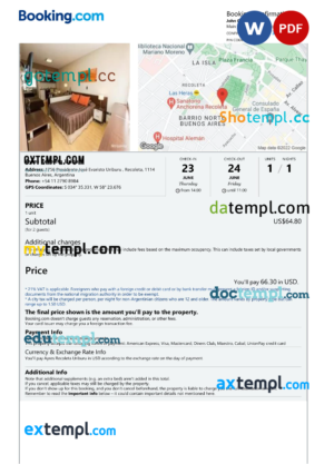 editable template, Argentina hotel booking confirmation Word and PDF template, 2 pages