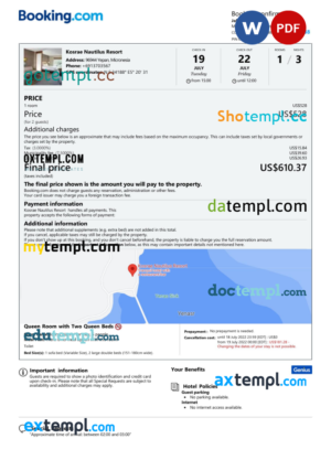 editable template, Micronesia hotel booking confirmation Word and PDF template, 2 pages