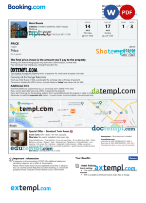 editable template, Moldova hotel booking confirmation Word and PDF template, 2 pages