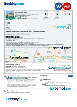 editable template, Mongolia hotel booking confirmation Word and PDF template, 2 pages